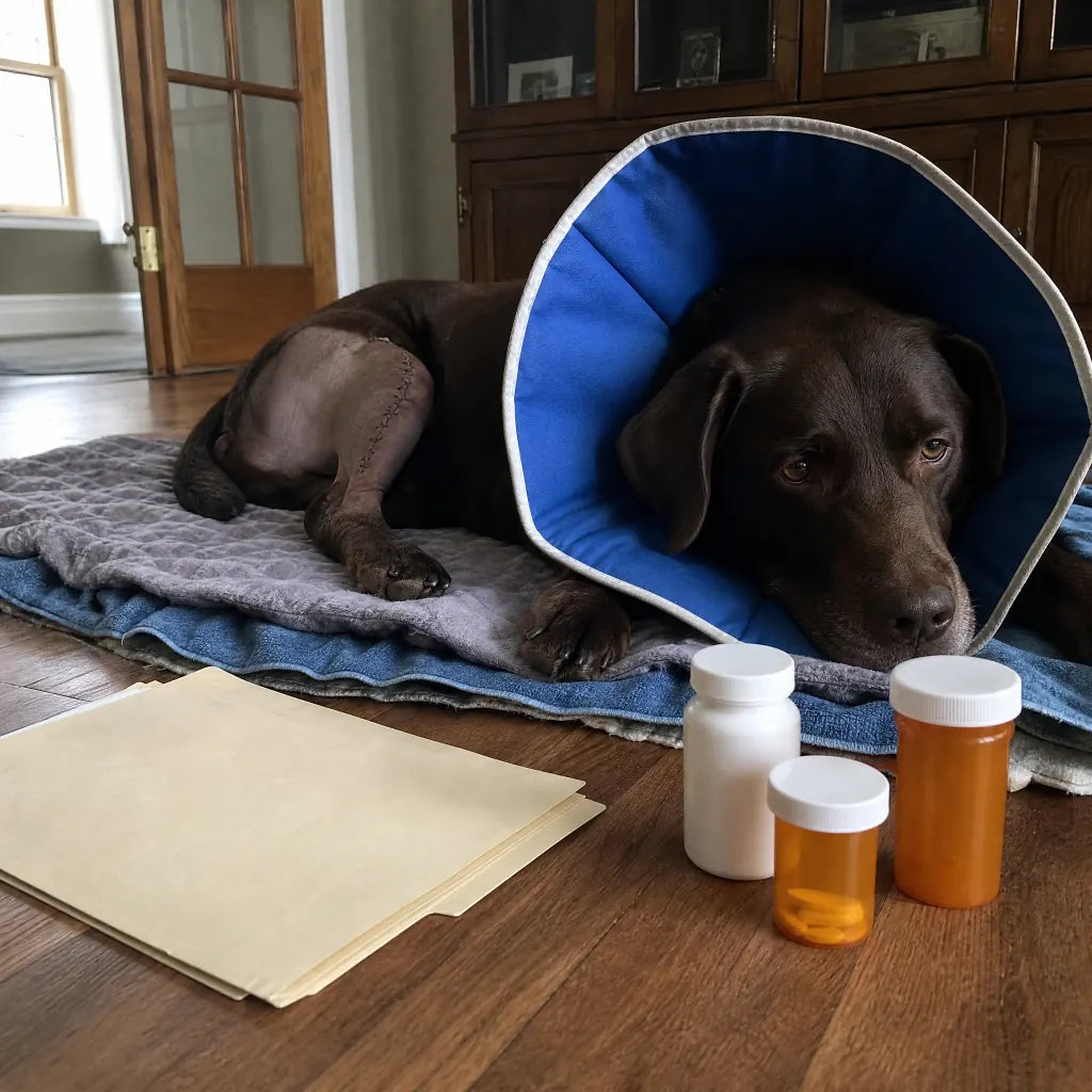 Chocolate Lab in cone post-op with vet folder