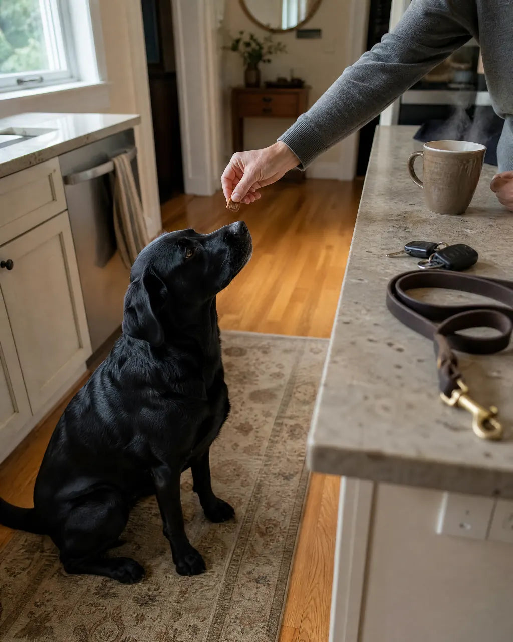 TROT daily dog joint support chew on a coffee counter