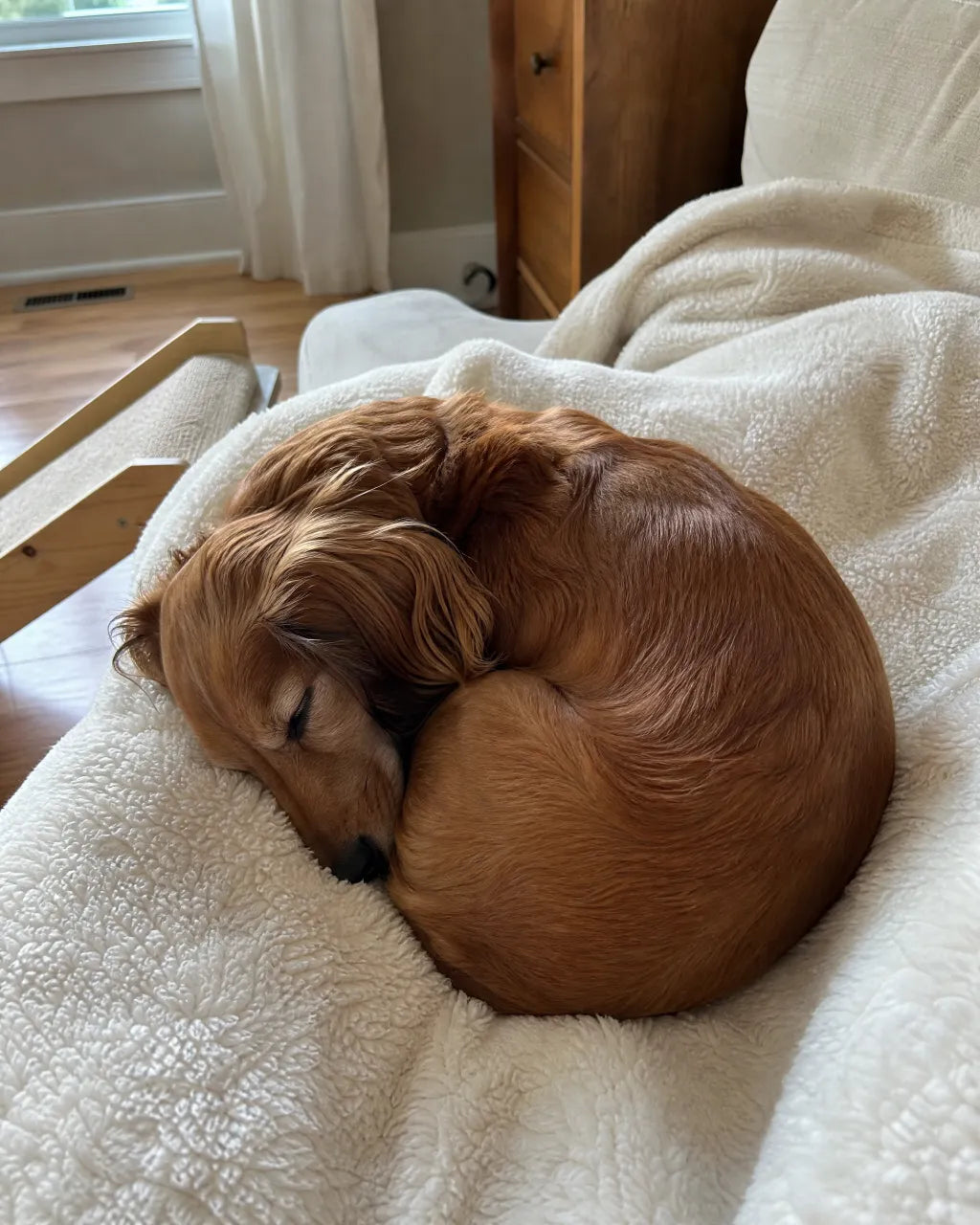 Long Dachshund curled in C-formation on a fleece blanket