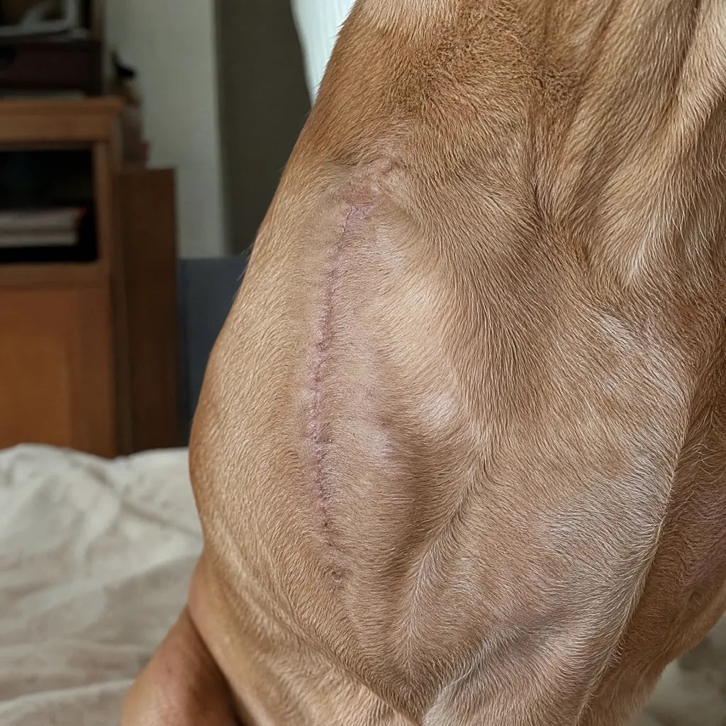 Close-up of healed shoulder amputation scar on a tripawd dog